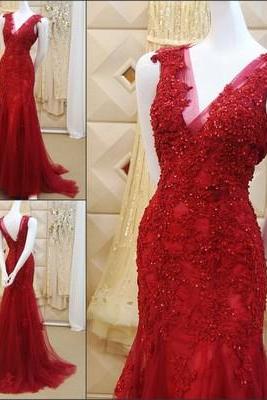 2017 New Arrival Sexy Long Mermaid Prom Dresses Red Evening Party Dress,Red Prom Gowns,Evening Gowns