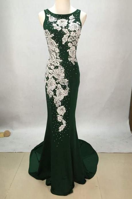 Evening Dresses,prom Dress ,long Prom Dress ,lace Prom Dress O Neck Prom Dress,v Back Prom Dress ,party Dresssexy White Lace Applique Green