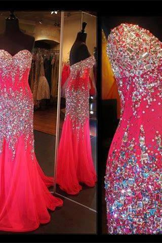 HEART neck sleeveless hot pink chiffon and lace A line floor length prom dress,long evening party dress