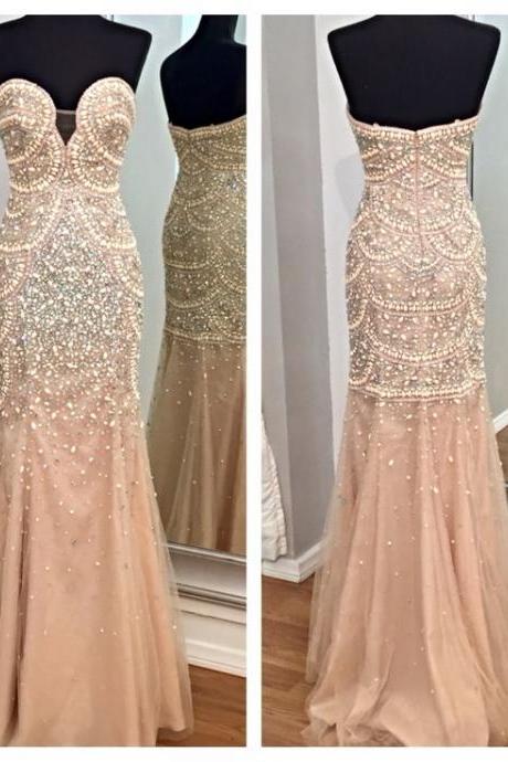 Prom Gown,Champagne Prom Dresses,Mermaid Prom Gowns,Tulle Prom Dresses,Beading Prom Dresses,Mermaid Prom Gown,2016 Prom Dress,Evening Gonw With Silver Beading For Teens