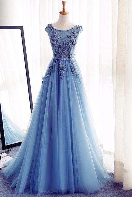 Prom Gownblue Floor Length Tulle A-line Prom Gown Featuring Floral Appliqués Bateau Neck Bodice And Cap Sleeves