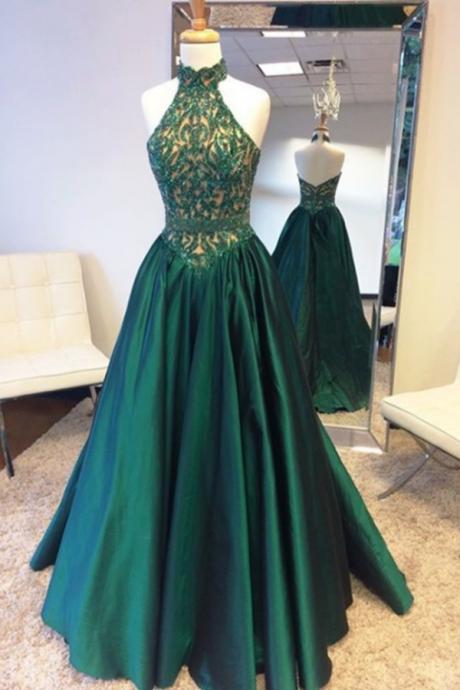 Prom Gownnew Prom Dress,elegant Halter Sweep Train Hunter Prom Dress With Lace Beading