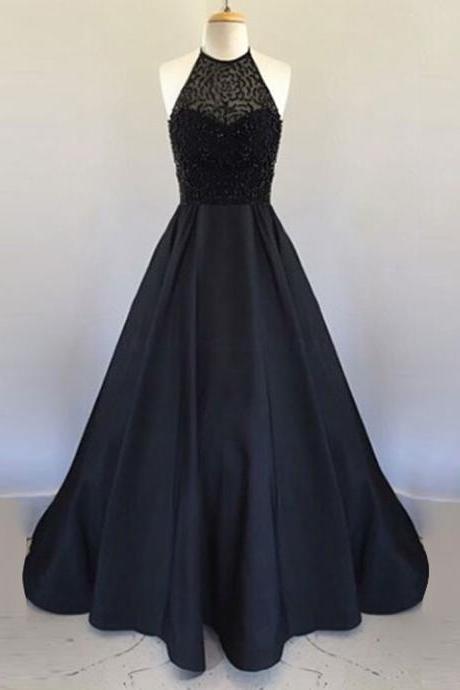 Prom Gownprom Dresses,a Line Halter Floor Length Black Pleated Prom Dress With Beadingy Dress,mermaid Prom Gown For Teens