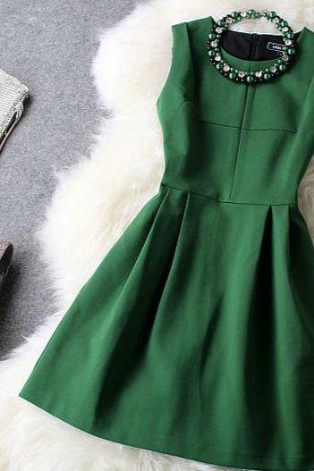 Deep Green Beaded Evening Dress,women dress women clothes green dress ,short dress 