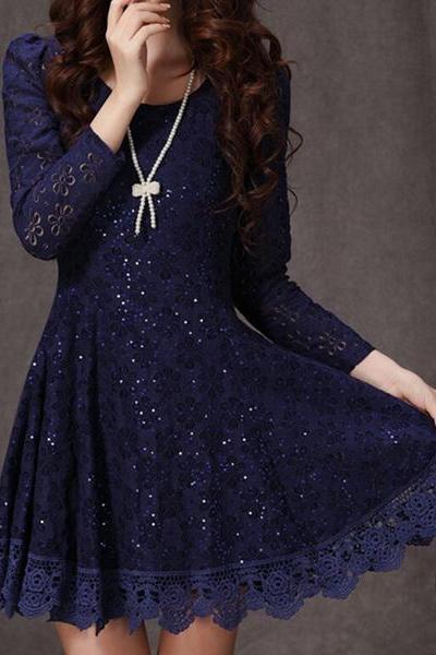 Stylish blue Long Sleeve Sheath Dress,women dress women clothes,Ruffled Design Long Sleeve Lace Dress in Dark Blue