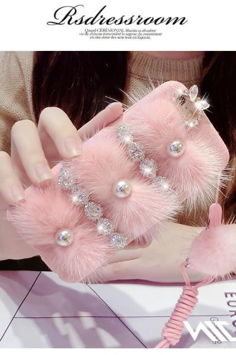 Iphone Case 6/6s/6plus , Hang Rope, Female Personality Costly Pearl Diamond Mink Fur, Iphone6splus Following High-grade Mink Fur Costly Pearl Set