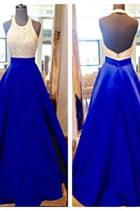Charming Prom Dressnew Design Long Royal Blue Prom Dresses,halter Beading Charming Prom Gowns,modest Evening Dresses Popular Prom Dresses,lace