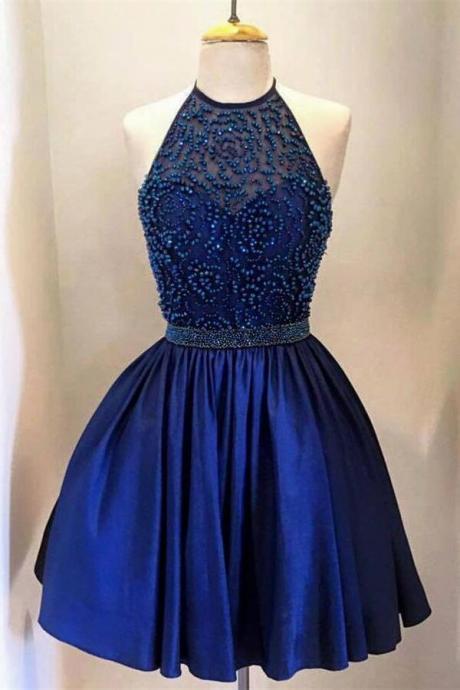 Charming Prom Dress,royal Blue Homecoming Dresses,halter Homecoming Dresses,beading Homecoming Dress,beading Homecoming Dress
