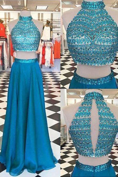 High Neckline Long Two Pieces Prom Dresses For Teens,handmade Beading Prom Gowns,pretty Prom Dress,princess Party Dresses