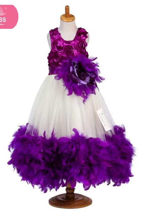 Flower Girl Dresses Flower Children's Clothes,wedding Dress,2017 Flower Girl Dress Purple Feather Marriage Girl Dresses