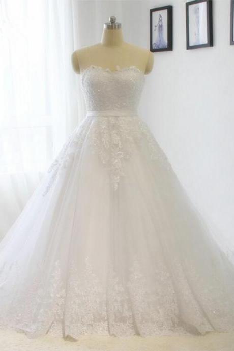 Latest Design Wedding Dress, Lace Wedding Dress, Strapless Lace Applique Wedding Dresses 2017 A Line White / Ivory Bride Dress Custom Size