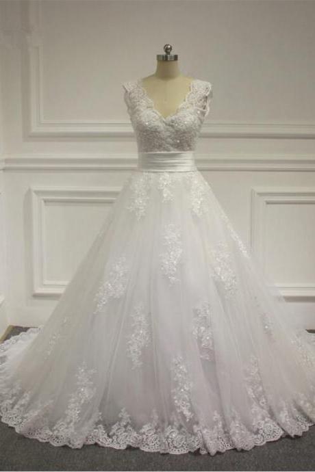 Latest Design Wedding Dress, Lace Wedding Dress,2016 Amazing Detachable Train Wedding Dress Long V-neck A Line Bridal Gown Plus Size Vintage