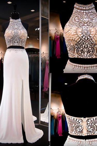 Silver Beaded Prom Dresses,beading Prom Dress,white Prom Gown,2 Pieces Prom Gowns,elegant Evening Dress,modest Evening Gowns,2 Piece Party