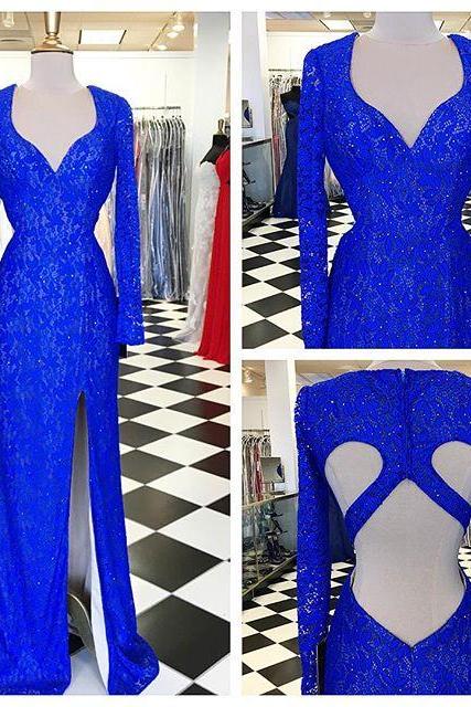 Royal Blue Prom Dresses,lace Evening Dress,sexy Prom Dress,prom Dresses With Long Sleeves,charming Prom Gown,open Back Prom Dress,mermaid Fashion