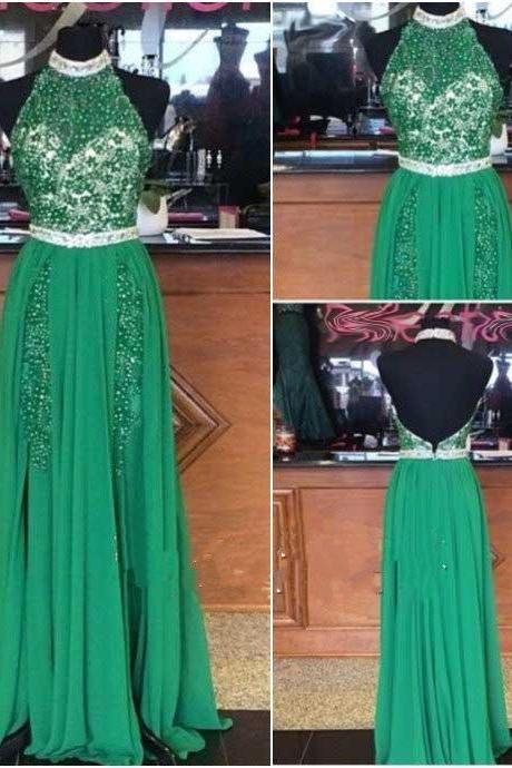 Green Prom Dresses,beading Evening Gowns,modest Formal Dress,beaded Prom Dresses,2016 Fashion Evening Gown,backless Evening Gowns,open Back Party