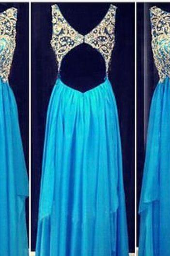 Blue Prom Dresses,2017 Evening Dresses,backless Prom Gowns,elegant Prom Dress,backless Prom Dresses,chiffon Evening Gowns,open Backs Formal Dress