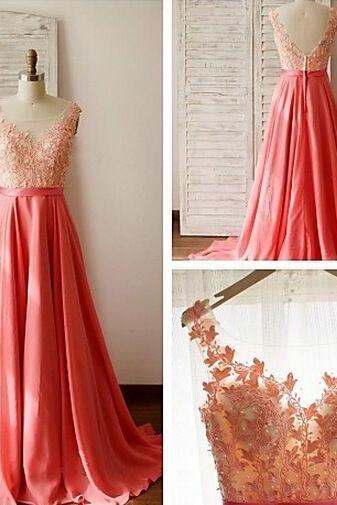 Coral Prom Dresses,2017 Evening Dresses, Fashion Prom Gowns,elegant Prom Dress,lace Prom Dresses,chiffon Evening Gowns,simple Formal Dress For