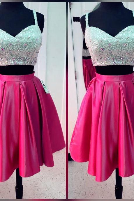Homecoming Dress,women's Party Dresses,short Satin Two Piece Homecoming Dresses With Sequin Top,sparkly Prom Gowns,short Cocktail