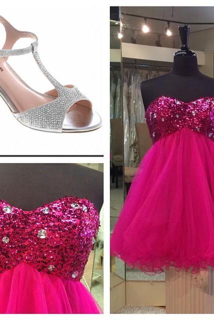 Homecoming Dress, Pink Sequins Beaded Sweetheart Prom Dresses Short Homecoming Dress 2017