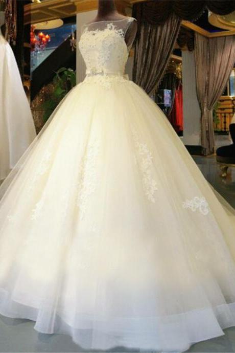 Lace Appliques Bateau Neck Sleeveless Floor Length Tulle Wedding Gown Featuring Bow Accent Belt