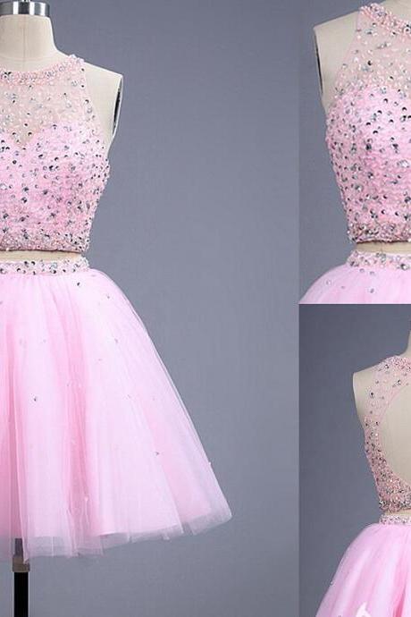Pink Graduation Cocktail Dresses Crystal Short Evening Dresses Crystal 2 Piece Mini Prom Dresses 2017 Real Photo Sexy Backless Women Party