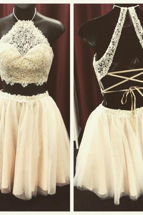 High Quality Homecoming Dress,lace Homecoming Dress,halter Graduation Dress,two Pieces Satin Prom Dress