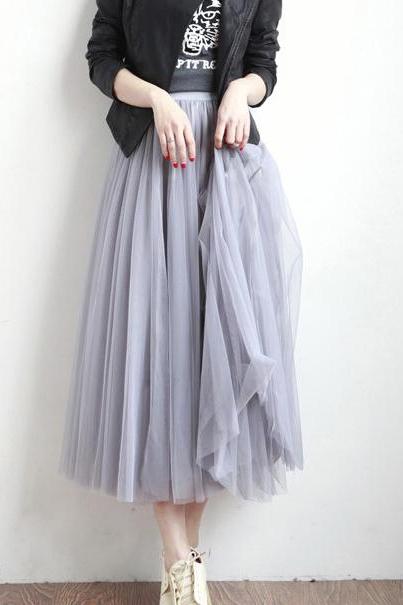 Grey Multi Layered Midi Tulle Skirt with Elastic Waistband