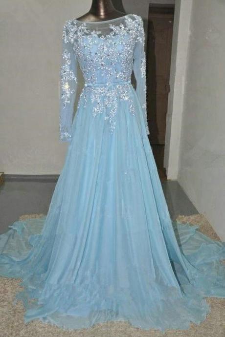 Charming Prom Dress,long Sleeve Prom Dress,a-line Prom Dress,appliques Prom Dress,chiffon Prom Dress