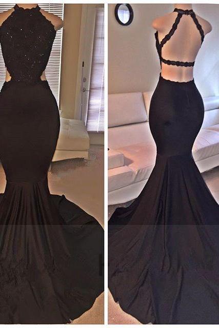 Black Prom Dresses,mermaid Prom Dress,lace Prom Dress,backless Evening Gowns