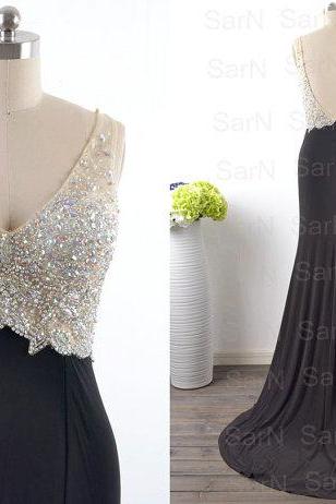 V-neck Beaded Chiffon Mermaid Long Prom Dress, Evening Dress, Formal Dress Featuring Low V-back