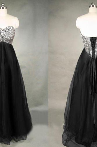 A Line Tulle Rhinestones Black Long Prom Evening Party Dress Sexy Beaded Party Dress ,beaded Party Dress