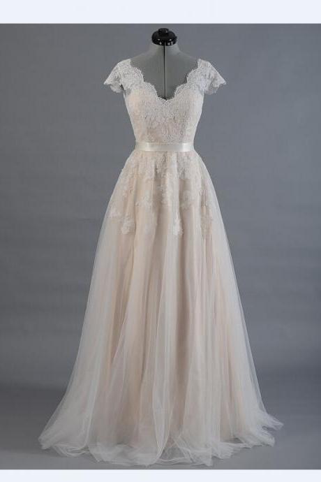 Vestido De Novia Lace A-line Wedding Dress Cap Sleeve V-back Bridal Gown Lace With Tulle