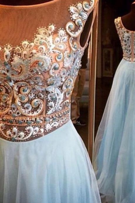 See-through Embroidery Beaded Bodice Light Blue Skirt Formal Dresses For 2017 Prom,beaded Prom Dress,chiffon Prom Dress ,