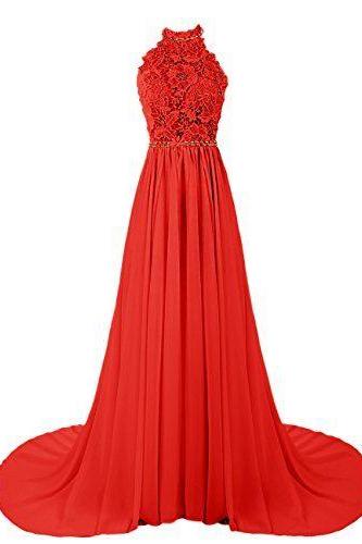 Charming Prom Dress,halter Prom Dresses, Lace And Chiffon Prom Dress, Red Prom Dresses, Long Prom Dresses, Backless Prom Dress, Noble Prom