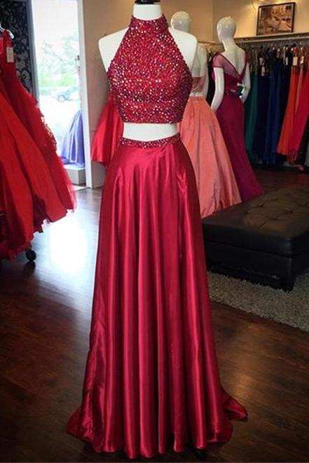 2 Piece Prom Dresses,red Prom Dress,two Piece Prom Dress,satin Evening Dress,long Party Gowns,halter Prom Dress