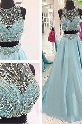 Two Pieces Long Prom Dress,ice Blue Beading Stain Long Prom Dresses,2017 Evening Dresses,two Pieces Party Dress,formal Dresses