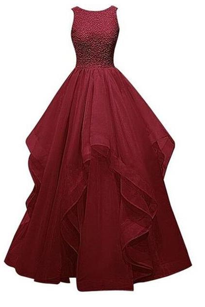 Burgundy Beading Custom Made Prom Dresses, Floor-length Evening Dresses,prom Dresses