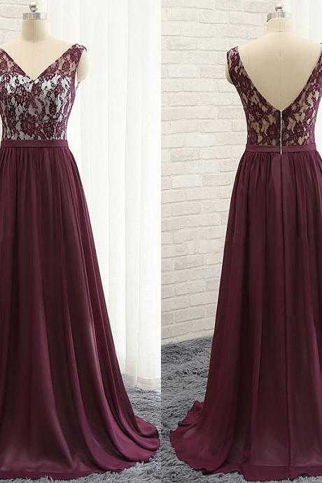 Floor Length Chiffon A-line Evening Dress Featuring Lace Sleeveless Plunge V Bodice And Open Back Detailing
