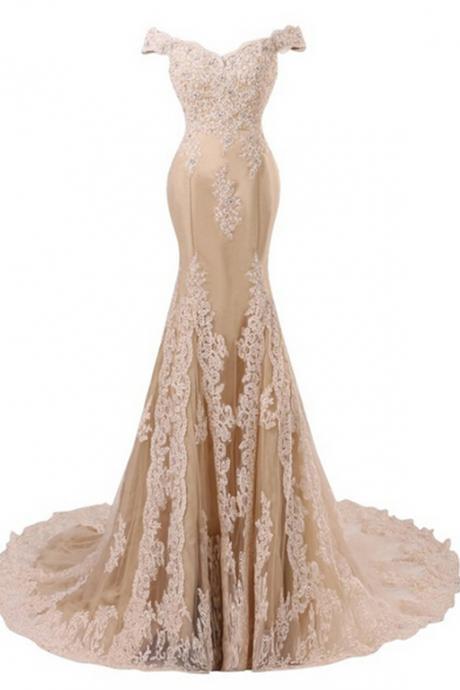 Off-the-shoulder Lace Appliqués Mermaid Long Prom Dress, Evening Dress