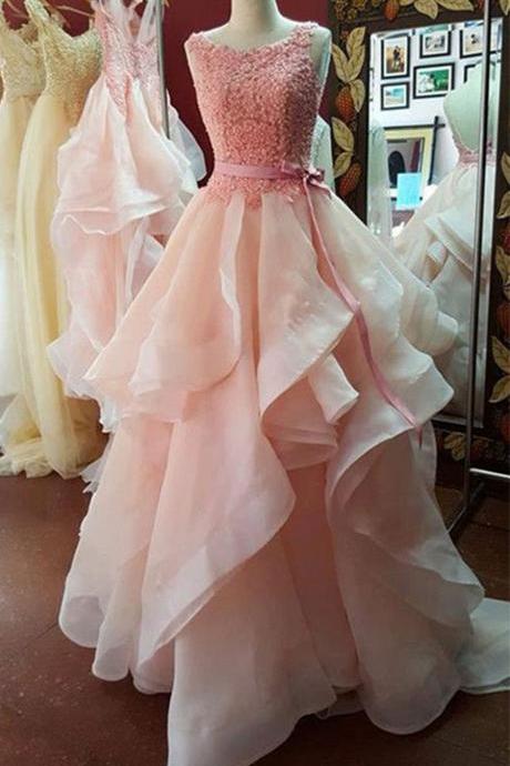 Charming Pink Beaded Lace Appliques Organza Prom Dresses,long Prom Dresses,sexy Backless Evening Dresses,evening Gown,pretty Prom
