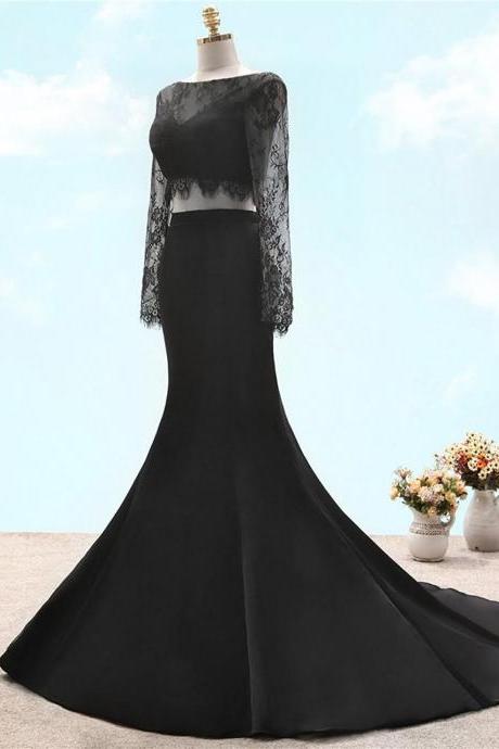 black two pieces long sleeves lace sexy prom dress with V back ,Prom Dress,Porm Dresses,Prom Gowns,Black Lace Prom Dresses,Trumpet Prom Dresses,Two-Piece Prom Dresses,Satin Prom Dresses,Sexy Prom Dresses,