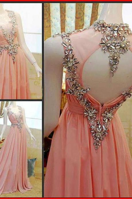 Pink Beaded Backless Chiffon Prom Dress,pink Backless Prom Dresses,prom Gowns, Pink Prom Dresses,long Prom Gown,prom Dress,sparkle Evening
