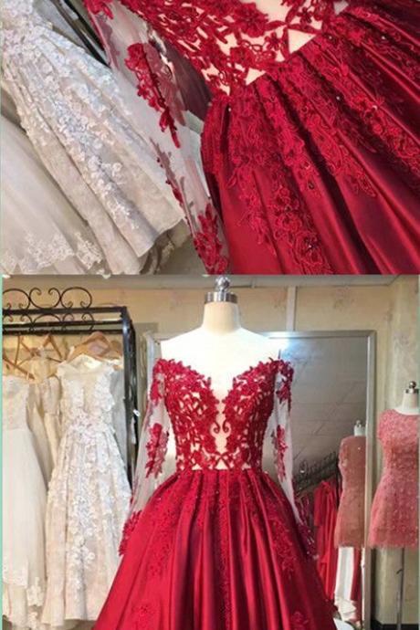 Red Prom Dress, Cute Prom Dress, A-line Prom Dresses, Ball Gown Prom Dresses, Long Sleeves Evening Dresses