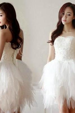 White Ball Gown Dress For Bridesmaid Wedding Party Dresses Married Strapless Short Lace-Up Tulle Skirt 