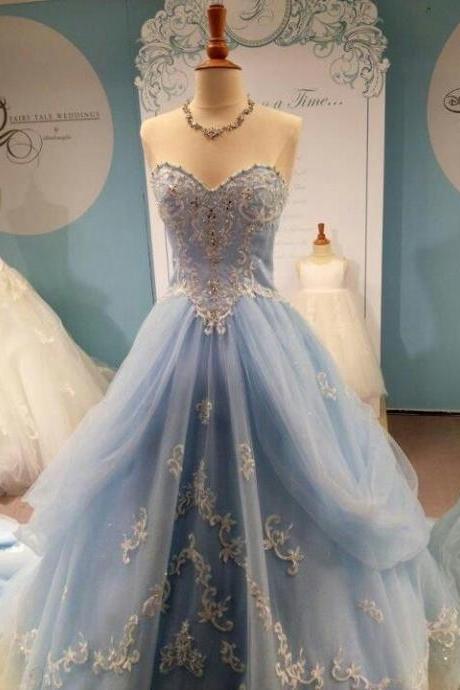 Sweet Applique Baby Blue Prom Evening Formal Gowns Sweetheart Tulle Princess A Line Quinceanera Dresses For Teens
