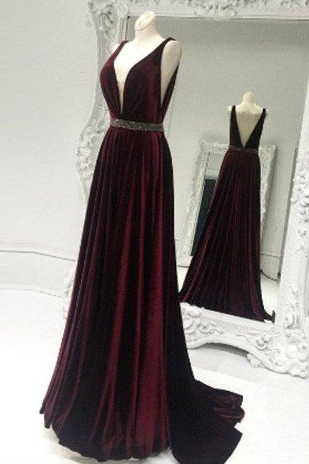 Elegant Burgundy V Neck Long Prom Dress, Burgundy Evening Dress