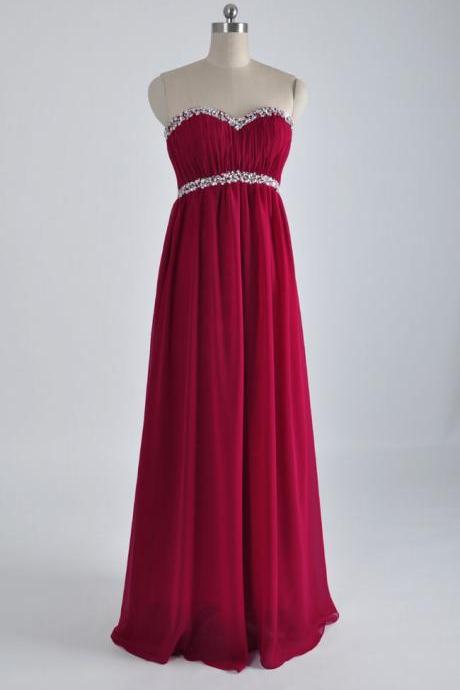 Elegant Sweetheart Burgundy Empire Prom Dresses Long Chiffon Beaded Evening Party Gowns
