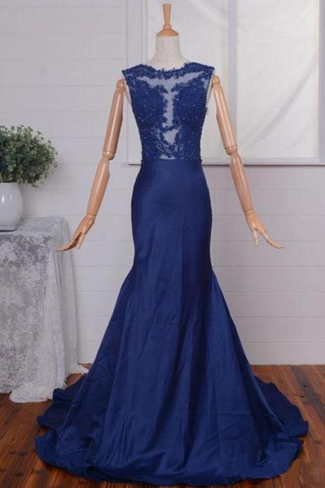 Navy Blue Mermaid Prom Gowns With Illusion Jewel Neckline, Floor Length Taffeta Lace Appliques Formal Dresses, Long Red Bridesmaid Dresses