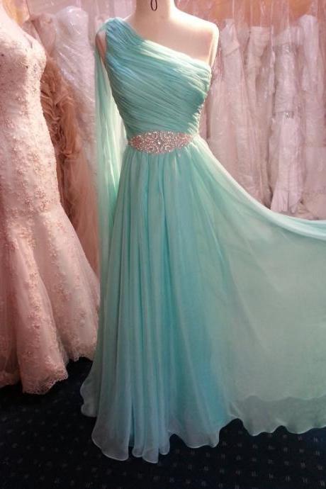 Charming Prom Dress,pretty One Shoulder Mint Long Chiffon Prom Dress With Beadings, Long Prom Dresses, Prom Gowns, Evening Dresses, Formal