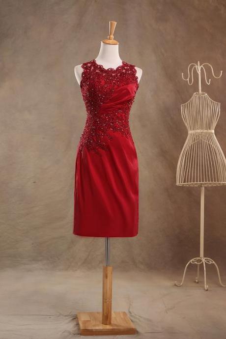 Round Neck Column Red Party Dress Formal Gown Red Taffeta Mother Of The Bride Dresses Short Prom Gown Beaded Lace Dress Sleeveless Mother Dress